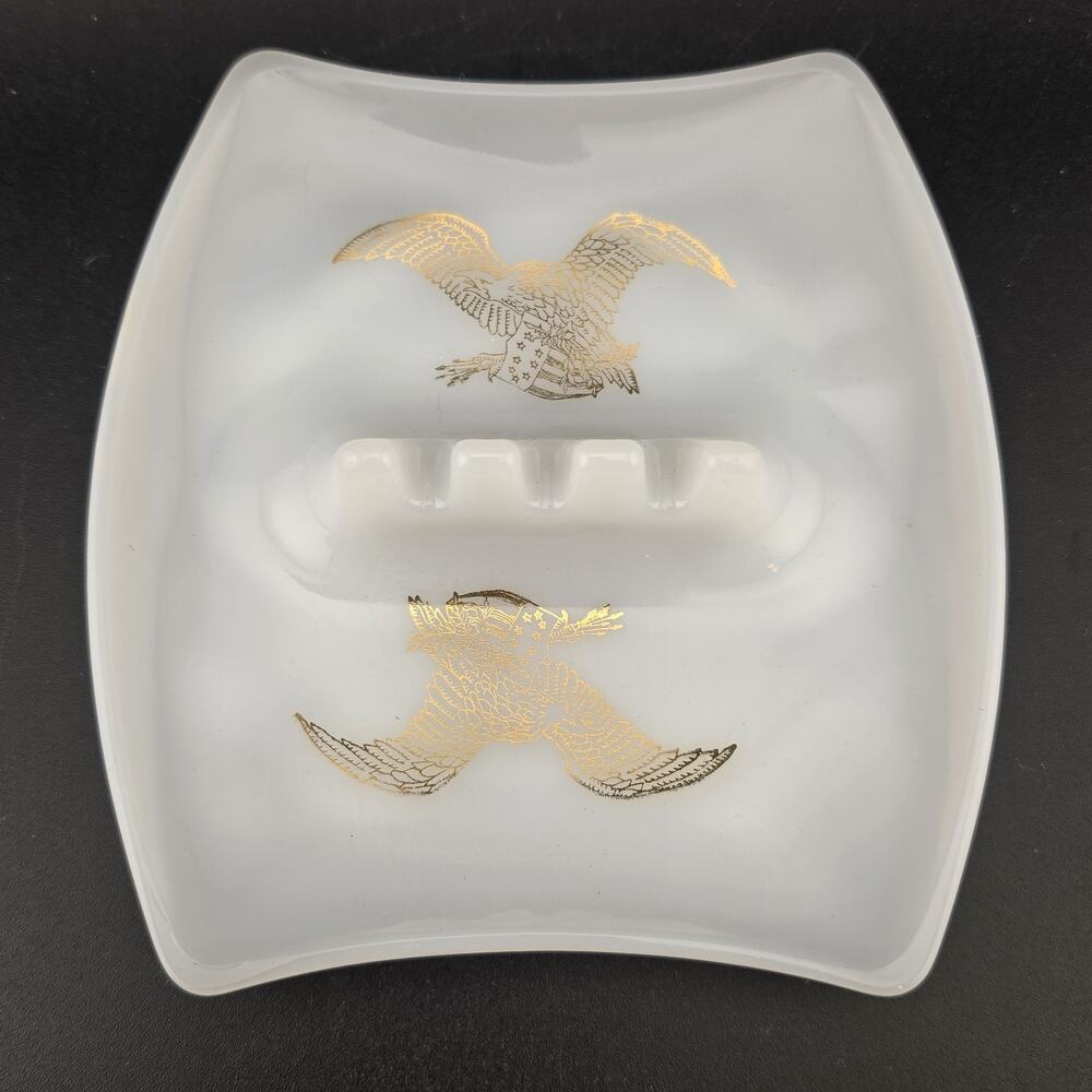 VINTAGE WHITE MILK GLASS ASHTRAY GOLD PAINTED EAGLES & SHIELDS (2 Available)